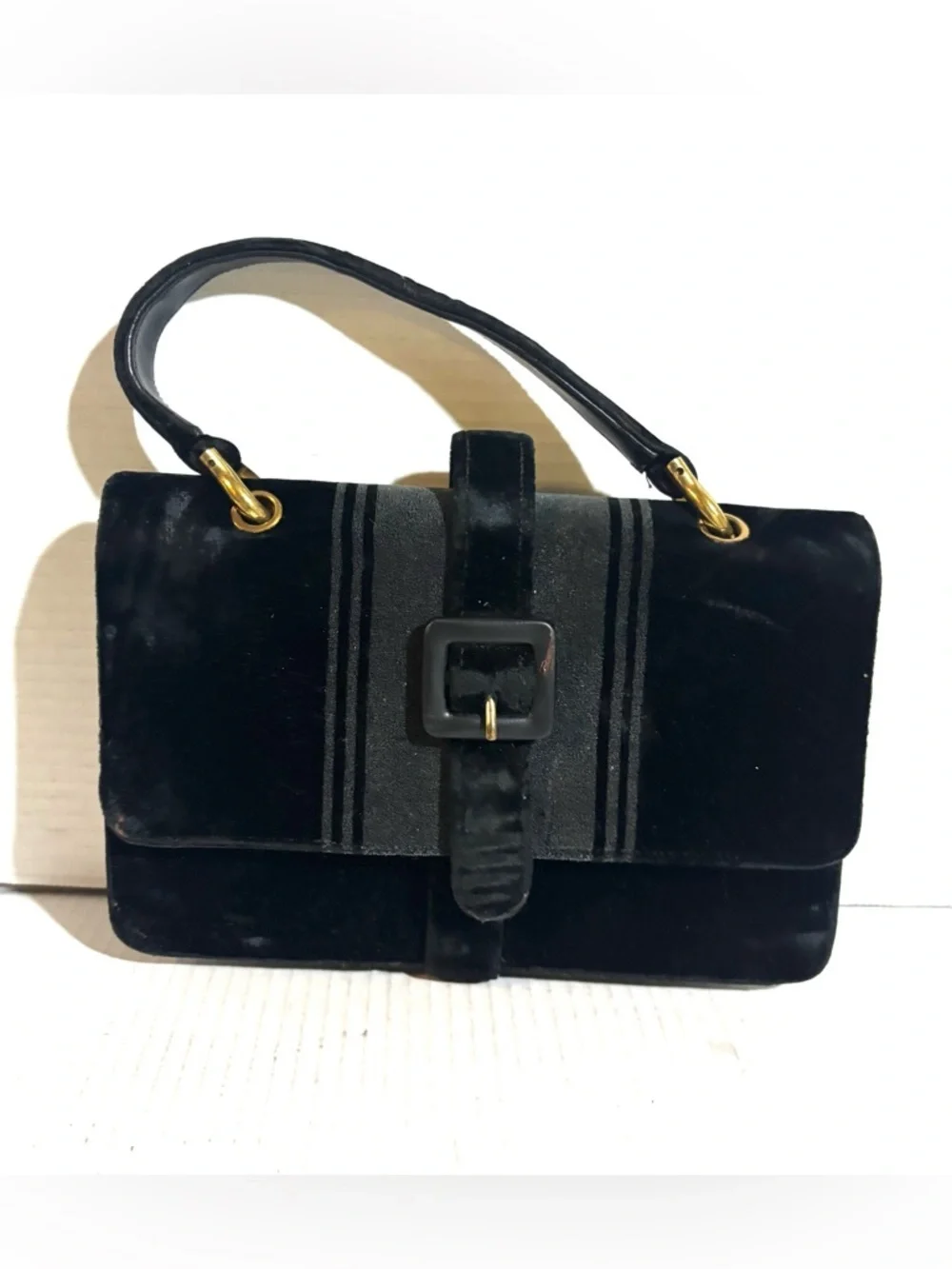 Vintage Black Velvet / leather Satchel with Gold Hardware